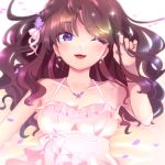  blue_eyes breasts brown_hair cleavage collarbone commentary_request dress earrings eyelashes flower gankake_(misary) hair_flower hair_ornament hair_ribbon ichinose_shiki idolmaster idolmaster_cinderella_girls jewelry lipstick long_hair makeup medium_breasts one_eye_closed petals pink_dress ribbon solo spaghetti_strap wavy_hair 