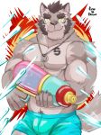  2018 abs anthro biceps canine claws clothing darkzerojack digital_media_(artwork) fur hair male mammal muscular muscular_male pecs silver_(darkzerojack) simple_background solo swimsuit tattoo water water_gun weapon wolf 