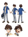  blue_eyes brown_hair character_sheet full_body gundam gundam_build_divers male_focus mikami_riku necktie official_art school_uniform smile solo sweater transparent_background 