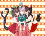  :d ;) animal_ears aura bad_id bad_pixiv_id brown_eyes brown_hair bubble_skirt cat_ears cat_tail chen commentary_request dress expressionless fang fang_out haruirokomici hata_no_kokoro imaizumi_kagerou long_hair mask monkey_mask multicolored multicolored_background multiple_girls multiple_tails one_eye_closed open_mouth pink_hair plaid plaid_shirt red_eyes shirt short_hair short_sleeves skirt smile sweatdrop tabard tail touhou two_tails v wolf_ears wolf_tail 