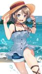  :d anchor_necklace beach black_ribbon blue_eyes cross-laced_footwear day denim denim_shorts grey_hair hands_on_headwear hat highres looking_at_viewer love_live! love_live!_sunshine!! nanotsuki ocean open_mouth ribbon short_hair short_shorts shorts smile solo sparkle splashing straw_hat sun_hat watanabe_you wrist_ribbon 