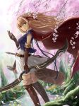  arisa_(shadowverse) arrow bangs belt blonde_hair boots bow_(weapon) breasts brown_footwear brown_gloves cape cherry_blossoms day dress elbow_gloves eyebrows_visible_through_hair feet_out_of_frame flower forest from_side gloves gohei_(aoi_yuugure) green_eyes hair_ribbon highres holding holding_bow_(weapon) holding_weapon long_hair looking_at_viewer medium_breasts nature outdoors parted_lips petals pointy_ears quiver red_cape ribbon shadowverse sheath sleeveless sleeveless_dress solo spring_(season) standing sword thigh_boots thighhighs tree water weapon wind 