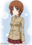  alternate_costume bangs blue_background brown_eyes brown_hair brown_jacket chi-hatan_school_uniform circle closed_mouth commentary cowboy_shot dated eyebrows_visible_through_hair flipper girls_und_panzer high_collar jacket long_sleeves looking_to_the_side miniskirt nishizumi_miho pleated_skirt red_skirt short_hair skirt smile solo standing twitter_username 