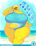  :d belly big_belly big_breasts blonde_hair breasts clothing cyclops dialogue dieselbrain english_text eyes_closed female hair hi_res huge_breasts humanoid navel not_furry obese open_mouth overweight overweight_female patreon short_hair solo sucy swimsuit teeth text thick_thighs url wide_hips yellow_skin 