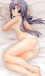  barefoot blue_eyes breasts hiiragi_miki long_hair lucky_star lying mature medium_breasts on_side panties purple_hair shing_(sorairo_factory) sideboob solo topless underwear 