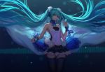  7th_dragon_(series) 7th_dragon_2020 absurdres aqua_eyes aqua_hair cowboy_shot floating_hair hatsune_miku headphones highres long_hair looking_at_viewer night pre_(17194196) skirt solo thighhighs twintails very_long_hair vocaloid zettai_ryouiki 