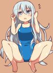  alternate_costume barefoot blue_swimsuit competition_swimsuit full_body grey_eyes hibiki_(kantai_collection) kantai_collection long_hair one-piece_swimsuit orange_background simple_background solo squatting swimsuit wahiko_(black_bastard) white_hair 