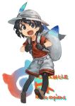  :d absurdres backpack bag black_eyes black_gloves black_hair black_legwear brown_footwear commentary english full_body gloves grey_hat grey_shorts hat_feather helmet highres japari_symbol kaban_(kemono_friends) kemono_friends lain looking_at_viewer lucky_beast_(kemono_friends) open_mouth pantyhose pantyhose_under_shorts pith_helmet red_shirt shirt shoes short_hair shorts simple_background smile solo standing translated wavy_hair white_background 