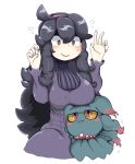  :3 @_@ al_bhed_eyes blush blush_stickers breast_lift breasts gen_2_pokemon hairband hex_maniac_(pokemon) highres large_breasts messy_hair misdreavus pokemon pokemon_(creature) pokemon_(game) pokemon_xy purple_hairband ribbed_sweater sweater tazonotanbo 
