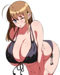  :o ahoge bare_shoulders bikini black_bikini blue_eyes breasts brown_hair cleavage earrings eyebrows_visible_through_hair highres hips huge_ahoge huge_breasts jewelry komusou_(jinrikisha) leaning_forward long_hair ooba_minori original parted_lips side-tie_bikini solo swimsuit 