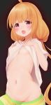  blonde_hair blush breasts collarbone commentary crotch futaba_anzu idolmaster idolmaster_cinderella_girls long_hair looking_at_viewer loose_clothes loose_shirt low_twintails navel orange_hair pink_eyes ratsuku_kinoko shirt shirt_lift shorts small_breasts solo stomach striped striped_shorts t-shirt tied_hair twintails undressing 
