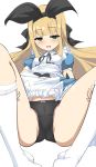  absurdres apron ass bangs black_bow black_hairband black_panties blonde_hair blue_dress blush bow bow_panties cameltoe commentary dress eyebrows_visible_through_hair green_eyes hair_bow hairband hands_on_thighs highres long_hair looking_at_viewer lying momio mononobe_alice nijisanji no_shoes on_back open_mouth panties puffy_short_sleeves puffy_sleeves short_sleeves smile socks solo spread_legs sweatdrop thighs underwear virtual_youtuber white_apron white_legwear 