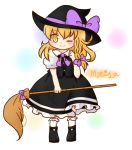  ;) bamboo_broom blonde_hair blush bobby_socks bow broom character_name chibi collared_shirt hat hat_bow highres kirisame_marisa one_eye_closed shirt shoes skirt skirt_set smile socks solo touhou user_kojitan vest white_legwear witch_hat yellow_eyes 