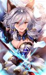  animal_ears bangs blush braid breasts cape cleavage commentary_request cowboy_shot dress elbow_gloves erune eyebrows_visible_through_hair gem gloves granblue_fantasy grey_hair hair_between_eyes hair_ornament hairband heles holding holding_weapon long_hair looking_at_viewer medium_breasts myusha open_mouth outstretched_arm polearm sidelocks single_braid smile solo spear standing twitter_username weapon yellow_eyes 