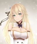  aurora_(f10)_(azur_lane) azur_lane bangs bare_shoulders black_ribbon blonde_hair blush breasts buckle buttons cleavage cleavage_cutout closed_mouth commentary detached_sleeves double-breasted dress eyebrows_visible_through_hair gradient gradient_background green_eyes hair_between_eyes hair_flaps hair_ornament hair_ribbon head_tilt highres jewelry large_breasts light_particles long_hair looking_at_viewer qiye_luoying ribbon sidelocks simple_background smile solo torso upper_body very_long_hair 
