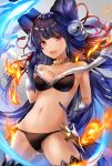  :d \m/ animal_ears bangs bare_shoulders bell bikini black_bikini blue_gloves blue_hair blush breasts choker cleavage commentary_request cowboy_shot double_\m/ erune eyebrows_visible_through_hair fire fur-trimmed_bikini fur_trim gloves granblue_fantasy hair_bell hair_ornament hair_ribbon highres jingle_bell long_hair looking_at_viewer medium_breasts myusha navel open_mouth red_eyes ribbon smile solo standing stomach swimsuit tail thighhighs very_long_hair yuel_(granblue_fantasy) 