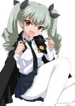  :d anchovy anzio_school_uniform bangs black_cape black_neckwear black_ribbon black_skirt cape commentary dress_shirt drill_hair emblem eyebrows_visible_through_hair girls_und_panzer green_hair hair_ribbon holding legs long_hair long_sleeves looking_at_viewer miniskirt necktie open_mouth pantyhose pleated_skirt red_eyes ribbon riding_crop school_uniform shibagami shirt simple_background sitting skirt smile solo twin_drills twintails twitter_username white_background white_legwear white_shirt wing_collar 