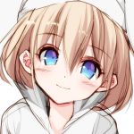  bad_id bad_pixiv_id bangs blonde_hair blush blush_stickers closed_mouth commentary ears_visible_through_hair eyebrows_visible_through_hair hair_between_eyes highres looking_at_viewer misteor multicolored multicolored_eyes original shirt short_hair smile solo white_background white_shirt 