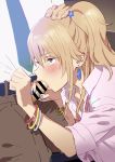  1girl aihara_yuzu armband bar_censor belt blonde_hair blush censored citrus_(saburouta) earrings fellatio green_eyes hair_ornament hetero jewelry oral penis saliva star star_hair_ornament yukiyoshi_mamizu 