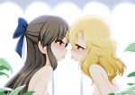  after_kiss backlighting black_hair blonde_hair blue_bow bow brown_eyes eye_contact eyebrows_visible_through_hair flat_chest from_side green_eyes hair_bow half-closed_eyes half_updo idolmaster idolmaster_cinderella_girls leaf long_hair looking_at_another multiple_girls nipples nude open_mouth profile sakurai_momoka saliva saliva_trail shiny shiny_hair sidelocks sparkle straight_hair tachibana_arisu tongue tongue_out yasu_(nws0398f) yuri 