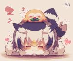  =_= bird bird_tail black_hair blush chibi closed_eyes covered_mouth facing_viewer fur-trimmed_sleeves fur_collar fur_trim gen_7_pokemon grey_coat head_wings heart highres kemono_friends long_sleeves lying multicolored_hair muuran northern_white-faced_owl_(kemono_friends) on_head on_stomach open_mouth orange_hair outstretched_arms owl pokemon pokemon_(creature) pokemon_on_head rowlet signature silver_hair sleeping spread_arms trait_connection zzz 
