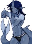  athletic black_hair blue_skin briefs bulge clothing ear_piercing eyebrows fangs fish fish_humanoid hair humanoid lightsource long_hair male marine navel piercing red_eyes shark shark_humanoid solo stretching surfer_keith underwear 