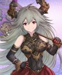  absurdres ahoge axe bangs black_gloves breastplate breasts commentary_request draph elbow_gloves eyebrows_visible_through_hair gloves gradient gradient_background granblue_fantasy grey_hair hair_between_eyes hand_on_hip highres horns large_breasts long_hair looking_at_viewer purple_background red_eyes red_skirt skirt smile solo thalatha_(granblue_fantasy) very_long_hair yuki7128 