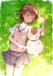  :3 :o arm_up artist_name bangs brown_hair commentary_request crossover dappled_sunlight emblem eyebrows_visible_through_hair flower grass grey_skirt hair_between_eyes hair_flower hair_ornament hand_on_own_stomach lying madara_(natsume_yuujinchou) miniskirt misaka_mikoto natsume_yuujinchou on_back on_grass on_ground outdoors parted_lips paws pleated_skirt puma_(hyuma1219) revision school_uniform short_hair short_sleeves skirt sleeping sunlight sweater_vest to_aru_kagaku_no_railgun to_aru_majutsu_no_index tokiwadai_school_uniform 