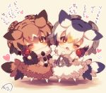  ;o bird_tail black_hair blush brown_coat brown_eyes brown_hair candy_apple chibi coat eurasian_eagle_owl_(kemono_friends) food fur-trimmed_coat fur-trimmed_sleeves fur_collar fur_trim grey_coat head_tilt head_wings heart holding holding_food kemono_friends long_sleeves looking_at_viewer multicolored_hair multiple_girls muuran no_shoes northern_white-faced_owl_(kemono_friends) one_eye_closed open_mouth orange_hair pantyhose signature standing translation_request white_hair white_legwear 