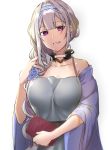  book breasts cleavage dress hand_in_hair headband large_breasts long_hair looking_at_viewer open_mouth original purple_dress purple_eyes solo white_hair xiujia_yihuizi 