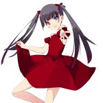  absurdres bad_id bad_pixiv_id black_hair blue_eyes blush blush_stickers bow breasts commentary dress eyebrows_visible_through_hair hair_bow heterochromia highres long_hair looking_at_viewer misteor open_mouth original outstretched_arm purple_eyes red_bow red_dress solo twintails white_background 