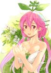  :d bangs bare_shoulders blush breasts cleavage commentary_request dated eyebrows_visible_through_hair flower granblue_fantasy hair_between_eyes hair_flower hair_ornament leaf long_hair looking_at_viewer low_twintails medium_breasts open_mouth pink_eyes pink_hair plant_girl revealing_clothes shiun signature smile solo twintails upper_teeth very_long_hair white_flower yggdrasil_(granblue_fantasy) 