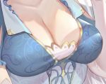  blue_dress breasts cleavage collarbone covered_nipples damiaodi dress elbow_gloves gloves large_breasts long_hair original pointy_ears short_sleeves solo upper_body white_gloves 