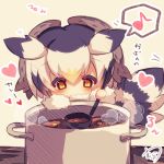  bangs black_hair blush chibi cooking covered_mouth eighth_note eyebrows_visible_through_hair fur-trimmed_sleeves fur_collar fur_trim hair_between_eyes head_wings heart holding kemono_friends ladle long_sleeves multicolored_hair musical_note muuran northern_white-faced_owl_(kemono_friends) orange_eyes orange_hair pot signature silver_hair solo spoken_musical_note steam stew translation_request 
