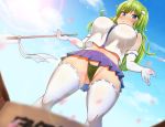  :o ass_visible_through_thighs bare_shoulders black_panties blue_eyes blurry blush breasts cameltoe clitoris curvy depth_of_field elbow_gloves erect_clitoris frog_hair_ornament from_below gloves gohei green_hair hair_ornament haruka_(haruka_channel) huge_breasts kochiya_sanae lens_flare long_hair microskirt midriff navel oonusa panties partially_visible_vulva petals ribbon-trimmed_legwear ribbon_trim skirt solo thick_thighs thighhighs thighs thong touhou underwear white_gloves white_legwear 