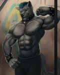  2018 abs anthro biceps black_nose canine clothed clothing collar digital_media_(artwork) ear_piercing fur graffiti hair hi_res male mammal marsel-defender muscular muscular_male needles nipple_piercing nipples pecs piercing simple_background solo spikes standing topless 