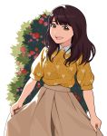  :d aida_rikako bangs beige_skirt brown_eyes brown_hair bush chu_kai_man collared_shirt commentary_request eyebrows_visible_through_hair floral_print flower highres long_hair looking_at_viewer open_mouth photo-referenced real_life seiyuu shirt skirt_hold smile solo transparent_background yellow_shirt 