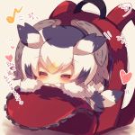  =_= backpack bag bird_tail black_hair blush chibi closed_eyes eighth_note facing_viewer fur-trimmed_sleeves fur_collar fur_trim head_wings heart in_bag in_container kemono_friends multicolored_hair musical_note muuran northern_white-faced_owl_(kemono_friends) orange_hair signature solo translation_request white_hair 