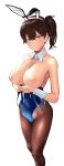  animal_ears blue_scrunchie blue_swimsuit blush breasts breasts_outside brown_eyes brown_hair brown_legwear bunny_ears bunny_girl collarbone competition_swimsuit detached_collar fake_animal_ears hair_between_eyes highres kaga_(kantai_collection) kantai_collection large_breasts looking_at_viewer nipples one-piece_swimsuit open_clothes pantyhose pantyhose_under_swimsuit scrunchie side_ponytail simple_background solo swimsuit swimsuit_pull unzipped wa_(genryusui) white_background wrist_cuffs 