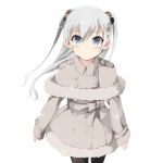  absurdres bad_id bad_pixiv_id bangs blue_eyes blush blush_stickers bow buttons closed_mouth coat commentary fur_trim grey_bow grey_hair hair_bow highres long_sleeves looking_at_viewer misteor original pantyhose solo twintails white_background 