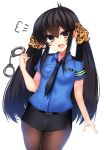  :d animal_print armband bad_id bad_twitter_id bangs belt belt_buckle black_belt black_hair black_neckwear black_skirt blue_shirt blush breasts brown_eyes buckle collared_shirt cowboy_shot cuffs eyebrows_visible_through_hair hair_ribbon handcuffs highres idolmaster idolmaster_cinderella_girls leopard_print long_hair looking_at_viewer matoba_risa miniskirt necktie open_mouth pantyhose pencil_skirt police police_uniform policewoman print_ribbon ribbon ricroot shirt short_sleeves sidelocks simple_background skirt small_breasts smile solo standing tsurime twintails uniform very_long_hair white_background 