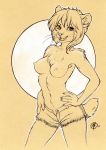  &lt;3 2017 anthro breasts cat clothed clothing cutoffs denim_shorts ear_piercing f-r95 falla feline female hair looking_at_viewer mammal navel nekoart nipples open_mouth piercing pinup pose saber-toothed_cat short_hair shorts smile solo topless traditional_media_(artwork) 
