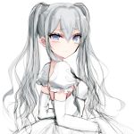  absurdres bad_id bad_pixiv_id bangs blue_eyes blush blush_stickers breasts commentary detached_sleeves dress eyebrows_visible_through_hair grey_hair hair_between_eyes highres juliet_sleeves long_hair long_sleeves looking_at_viewer misteor original puffy_sleeves revision small_breasts solo twintails white_background white_dress 