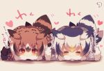  =_= bird_tail black_hair brown_coat brown_eyes brown_hair chibi closed_eyes coat covered_mouth eurasian_eagle_owl_(kemono_friends) facing_viewer fur-trimmed_sleeves fur_collar fur_trim grey_coat head_wings heart highres kemono_friends long_sleeves looking_at_viewer lying multicolored_hair multiple_girls muuran northern_white-faced_owl_(kemono_friends) on_stomach orange_hair signature silver_hair translation_request white_hair 