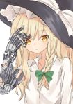  blonde_hair blush braid collarbone collared_shirt cybernetic_parts cyborg frown hat highres kirisame_marisa long_hair long_sleeves looking_at_viewer marisuku mechanical_arm prosthesis shirt side_braid single_braid solo touhou wire witch_hat yellow_eyes 