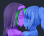  2girls blue_eyes blue_hair blue_skin breasts eyes_closed female french_kiss goo_girl green_hair kiss monster_girl multiple_girls nun original purple_eyes purple_skin rethnick short_hair simple_background yuri 