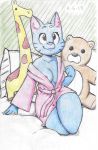  2018 bear bed blue_fur breasts cartoon_network cat clothing feline female fur giraffe mammal nicole_watterson nipple_slip nipples pillow plushie postdisease robe simple_background smile the_amazing_world_of_gumball thick_thighs traditional_media_(artwork) wardrobe_malfunction wide_hips 