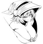  ;) alternate_hair_length alternate_hairstyle anchors bangs bare_shoulders breasts cleavage closed_mouth collarbone dark_magician_girl duel_monster eyebrows eyebrows_visible_through_hair hair_between_eyes hat large_breasts monochrome one_eye_closed pentacle short_hair simple_background smile solo star upper_body white_background wizard_hat yuu-gi-ou yuu-gi-ou_duel_monsters 