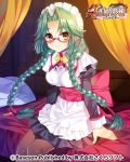  apron bed black_dress black_legwear blush braid brown_eyes bucchake_(asami) copyright_name dress glasses green_hair kaku_bunwa_(koihime_musou) koihime_musou long_hair maid maid_headdress obi official_art pantyhose pillow sash sitting smile solo twin_braids twintails 