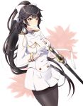  aiguillette azur_lane bangs black_hair black_legwear blunt_bangs blush bow breasts brown_eyes buttons commentary_request double-breasted eyebrows_visible_through_hair gloves gudon_(iukhzl) hair_bow hair_flaps half_gloves holding holding_sword holding_weapon katana large_breasts long_hair looking_at_viewer medal military military_uniform pantyhose parted_lips pleated_skirt ponytail sidelocks skirt solo sword takao_(azur_lane) thighband_pantyhose uniform very_long_hair weapon white_bow white_gloves 